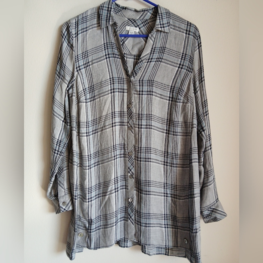 J. Jill Blouse Shirt Plaid Button Front Lightweight Gray Women's XS Oversized